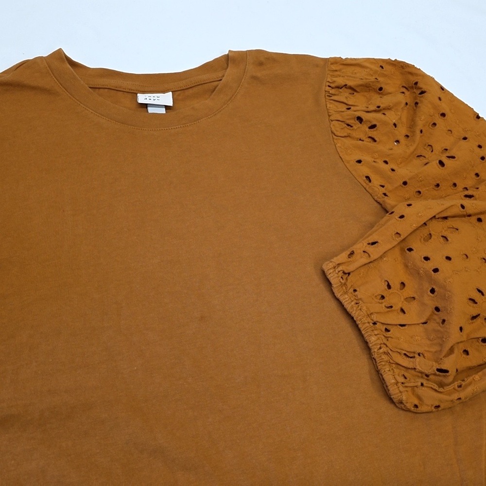 A New Day Eyelet Puff Sleeve Top Womens XL Brown Crew Neck Cotton Boho Earthy